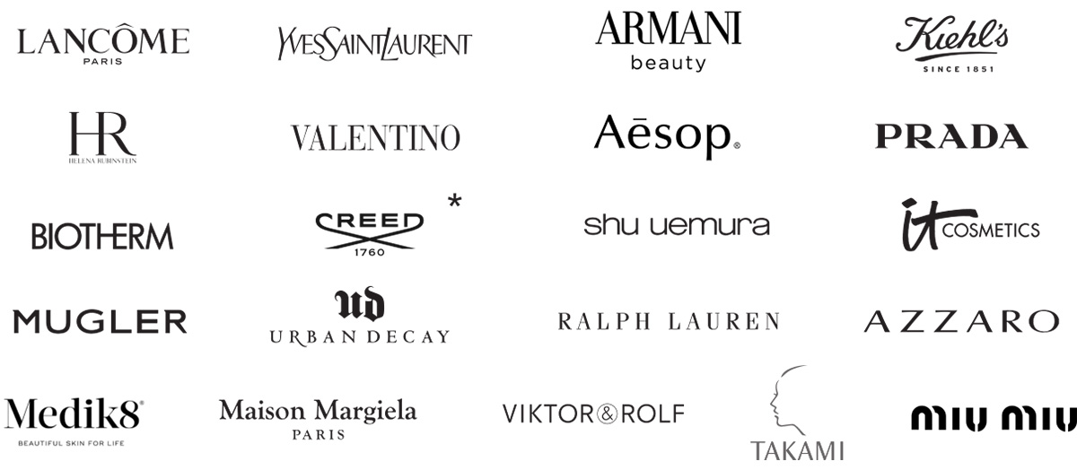 20 logos : Lanc&ocirc;me Paris ; Yves Saint Laurent ; Armani Beauty ; Kiehl&rsquo;s ; Helena Rubinstein ; Valentino ; Aesop ; Prada ; Biotherm ; Creed 1760(Subject to obtaining the customary authorisations and the closing of the transaction.) ; Shu Uemura ; IT Cosmetics ; Mugler ; Urban Decay ; Ralph Lauren ; Azzaro ; Medik8 ; Maison Margiela Paris ; Viktor & Rolf ; Takami ; Miu Miu