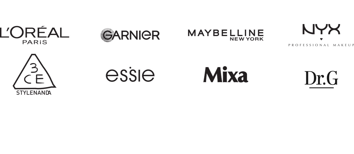 8 logos : L&rsquo;Or&eacute;al Paris ; Garnier ; Maybelline New York ; NYX Professional Makeup ; 3CE Stylenanda ; Essie ; Mixa ; Dr.G