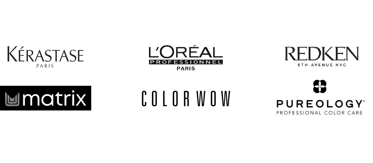 6 logos de marques de coiffure : K&eacute;rastase Paris, L'Or&eacute;al Professionnel Paris, Redken 5th Avenue NYC, Matrix, Color Wow, et Pureology Professional Color Care.